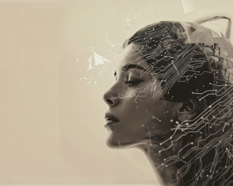 Profilo di donna con circuiti stampati, concetto di intelligenza artificiale.