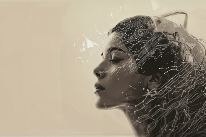 Profilo di donna con circuiti stampati, concetto di intelligenza artificiale.